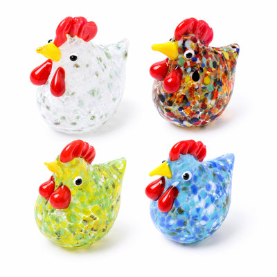 4Pcs Handmade Art Glass Mini Chicken & Rooster Figurines, Vibrant Color Farmhouse Tabletop Statues, Cute Easter Themed Decorative Accents for Kitchen Counter, Living Room Shelf and Rustic Home Display