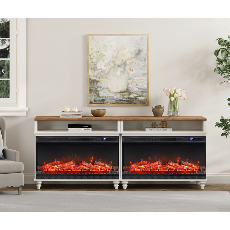 Set Of 2 Fireplace End Table Wooden Side Table For Living Room, 36" Electric Fireplace, 3D Freestanding Fireplace Stove Heater