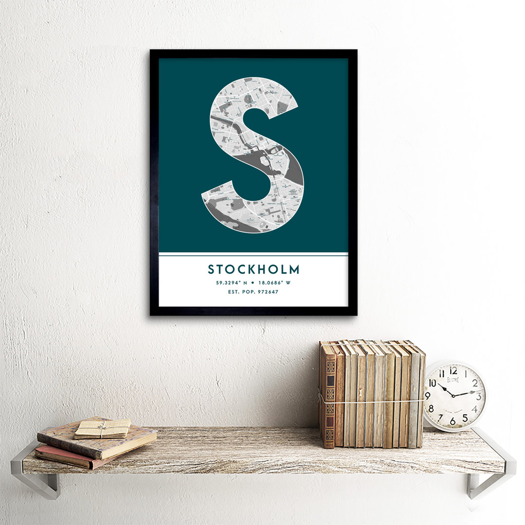 Stockholm City Map Stockholm Teal by Wee Blue Coo - Single Picture Frame Typography