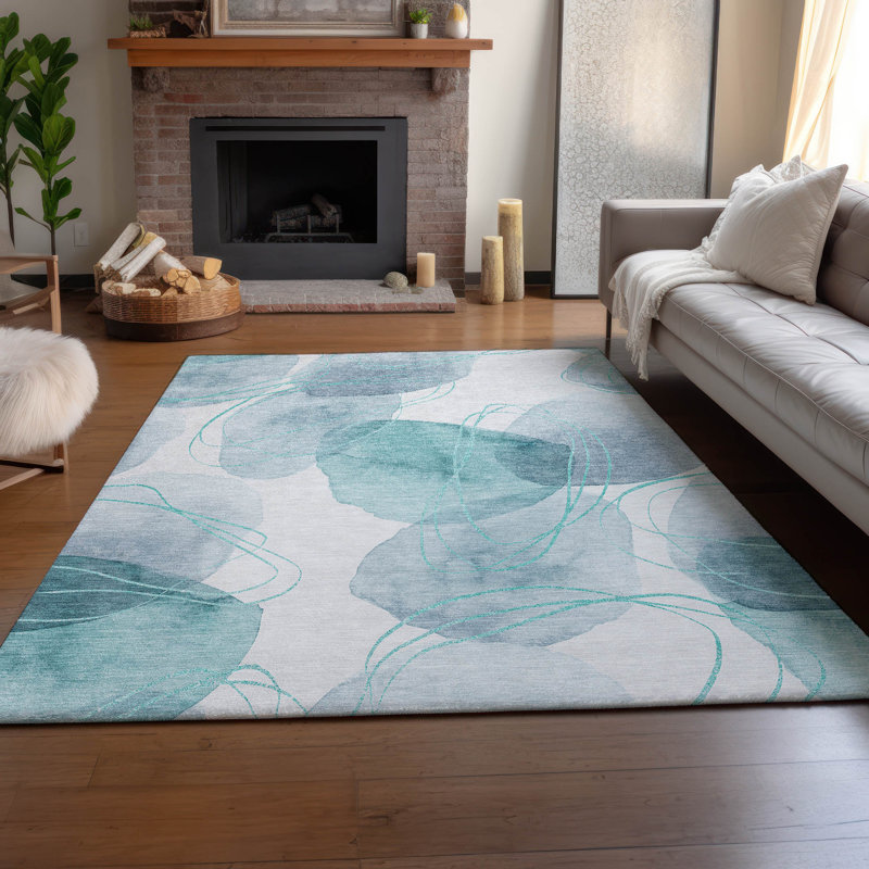 Premium Machine Washable Cerrito AMF544 Teal Rug, Rectangle 8' x 10'