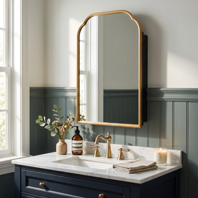 30"H 20"W Antique Gold Arched Metal Mirrored Medicine Cabinet with Scalloped Edge Frame, Adjustable Shelves, Surface or Recess Mount