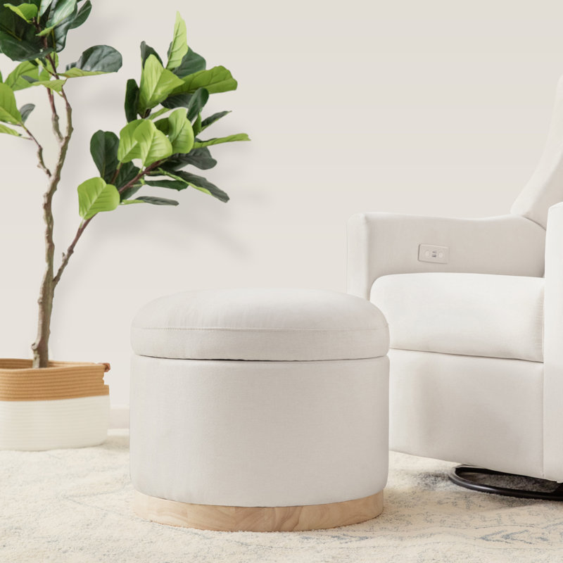 Naka 21.5" Round Cream Storage Ottoman with Light Wood Base
