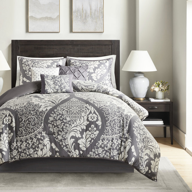 Édredon gris très grand 7 pièces - Coton imprimé avec détails de broderie pour le rembourrage du lit, Gris
