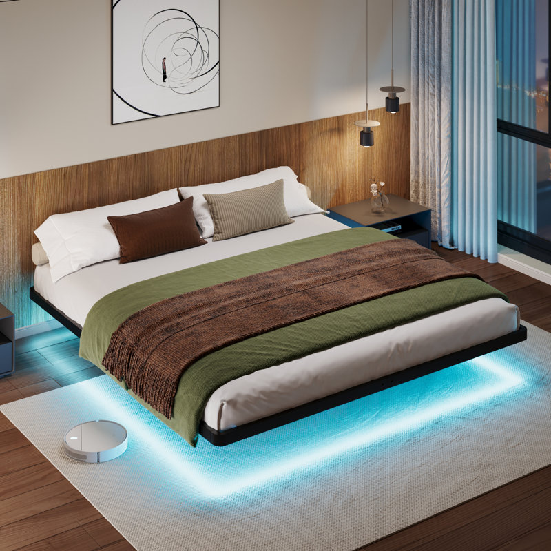Floating Metal Bed Frame With LED Lights,Underbed Storage,No Boxspring Needed, King