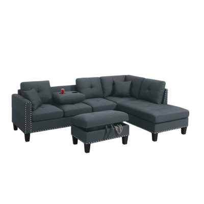 Rema 3Pc Sectional Sofa, Chaise, Ottoman, 2 Pillows,   Linen