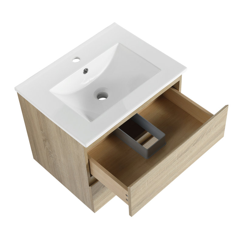 24" Wall-Mounted Bathroom Vanity With Ceramic Sink, 2-Soft Close Drawers, Light Brown, White