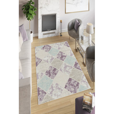 Tapis élégant (5,2 x 7,5 pi), beige, mauve, bleu et vison | 100% polyester, 650 g / m², hauteur des poils de 0,16 po | Pois antibactérien, écologique et antidérapant en PVC | Lavable à la machine pour un entretien facile
