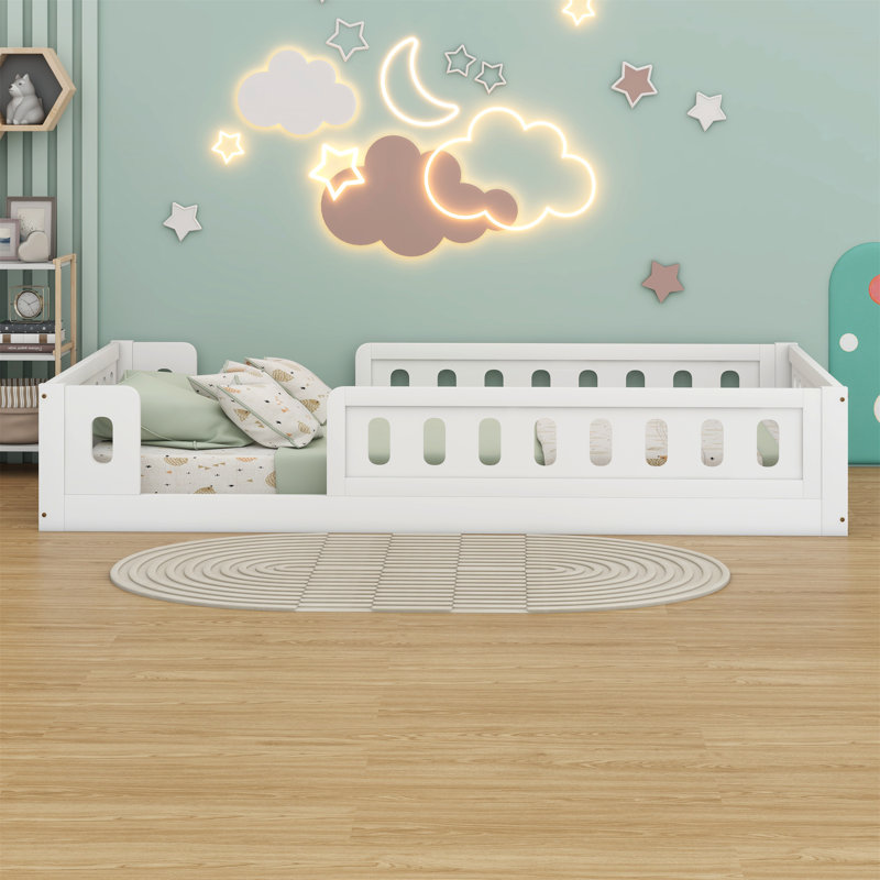 Wood Platform Bed With Guardrail, White