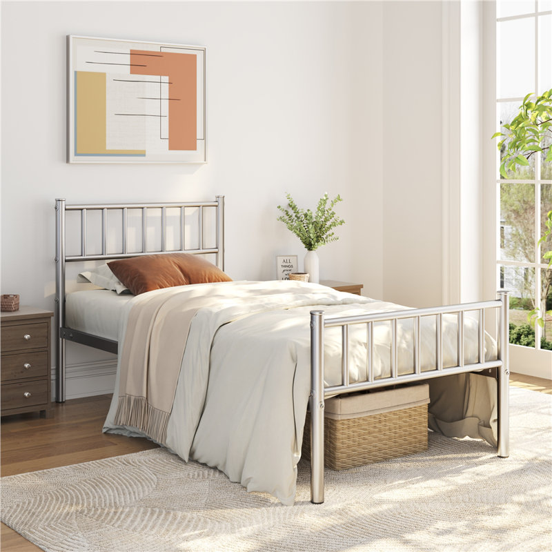 Minimalist Metal Bed Frame with Slatted Headboard, Single (3'), Silver