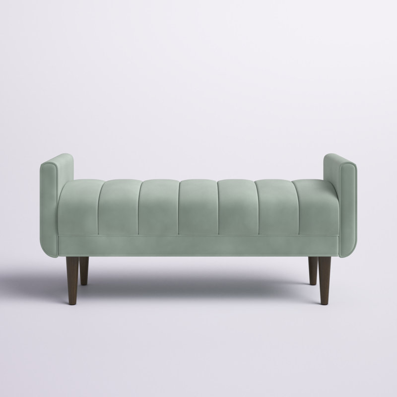 Pistachio Green Velvet Upholstered Channel Bench with Dark Wood Legs