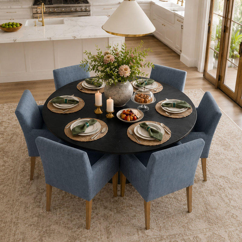Ensemble de table de salle à manger pour 6 personnes avec table ronde unie et 6 fauteuils rembourrés en lin, Blue