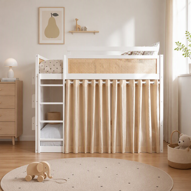 Structure de lit superposé double en bois avec rideaux de rangement, blanc, Blanc, Double