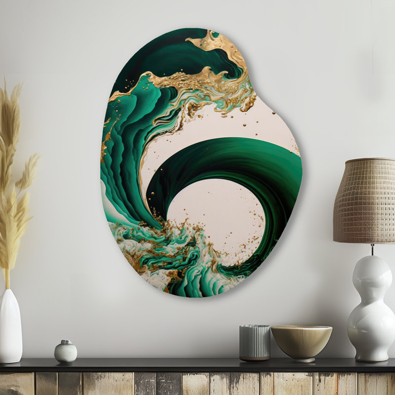 Décoration murale émeraude en forme de poire abstraite vert émeraude et or IV, H 38 po x l 28 po