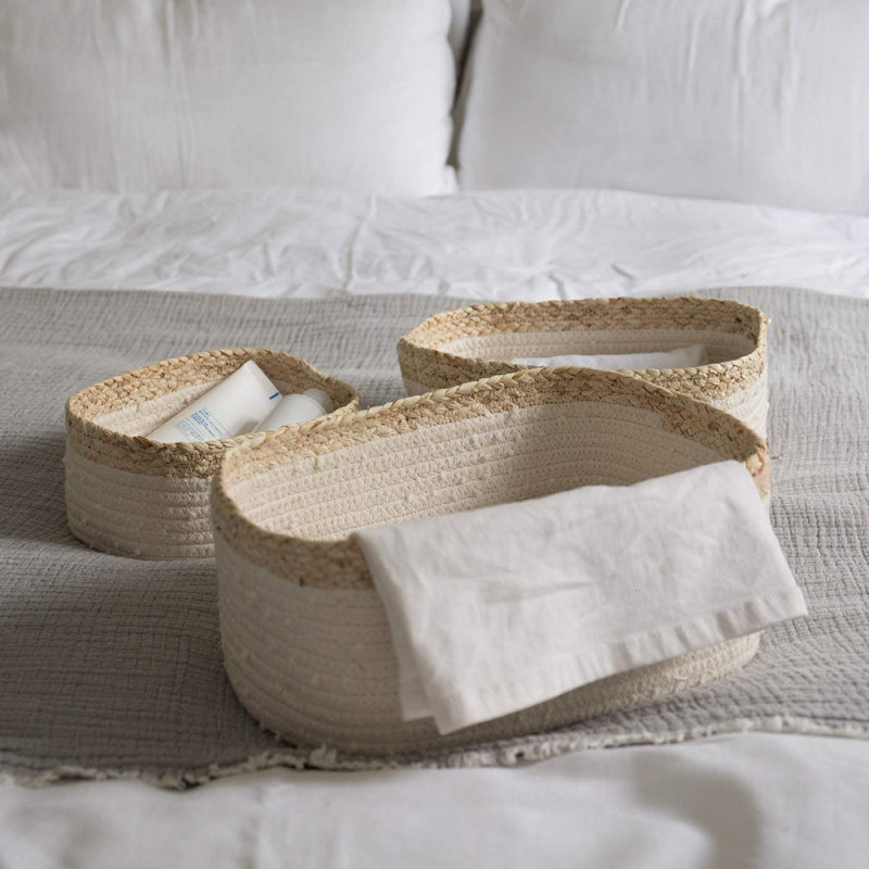 Cot Fabric Box - Set of 3, White/Natural