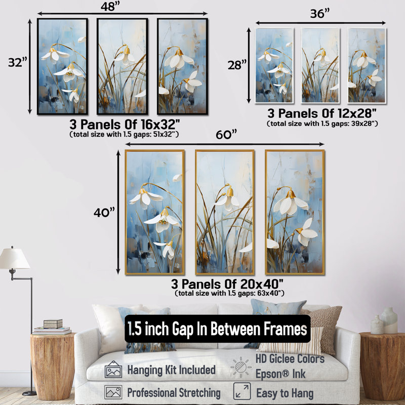 Ensemble de salon art mural bleu et doré Flower Simplicity III - Snowdrops, Cadre flottant doré, H 32 po x l 48 po x P 1 po