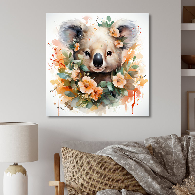 Koala S Gentle Floral Gaze II - Koala Animal, art mural en métal, H 16 po x l 16 po x P 1 po