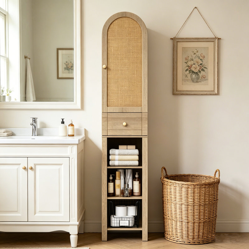 70" Tall Narrow Storage Cabinet For Bathroom, Living Room, Kitchen, Natural