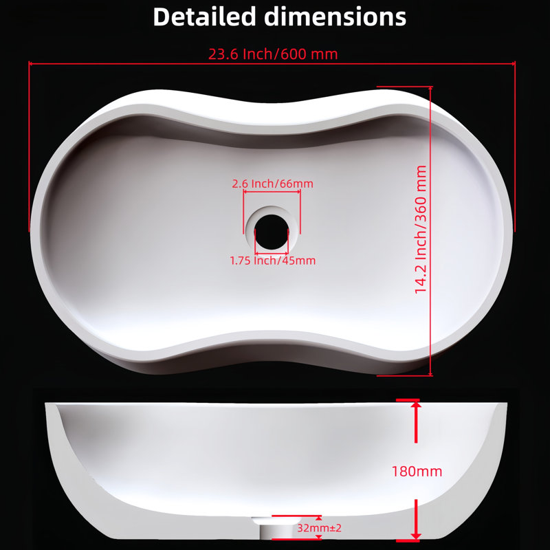 Lavabo de salle de bain en pierre naturelle, 14,2 pouces de large, silhouette ondulée, pré-percé pour installation, 600 x 360 x 180 mm, drain, convient à diverses salles de bain