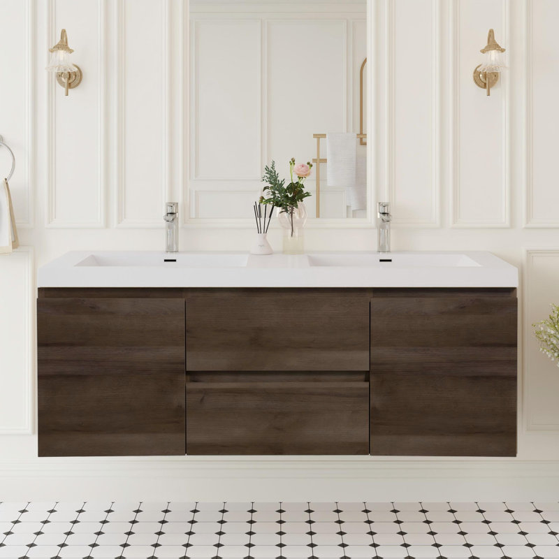Ensemble de meuble-lavabo mural 60 po, Bois gris foncé, Blanc lustré