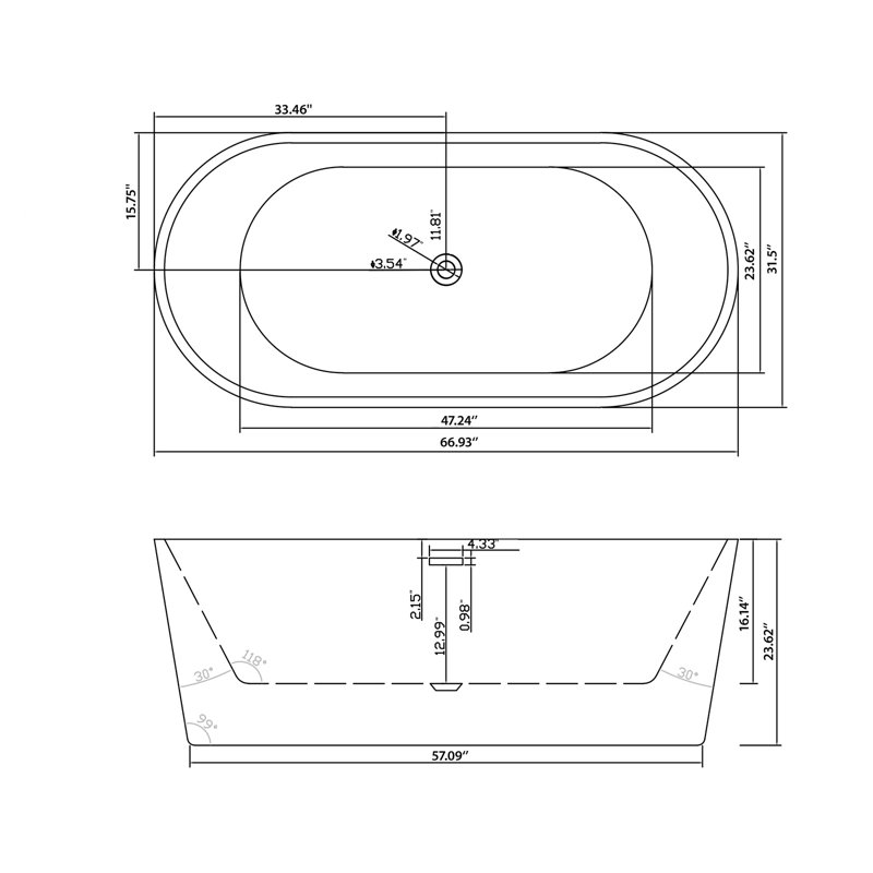 Baignoire de trempage autoportante en acrylique avec bonde escamotable et trop-plein L 67 po x l 31,5 po