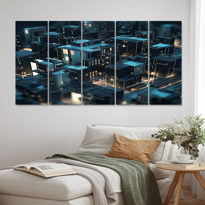 3D architecture urbaine futuriste turquoise - décoration murale architecture futuriste - 5 panneaux égaux