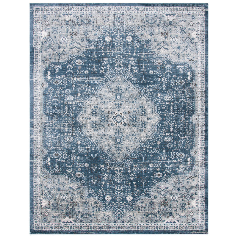 Tapis oriental bleu marine / ivoire en polyester / polypropylène tissé à la machine, Rectangle 8 pi x 10 pi
