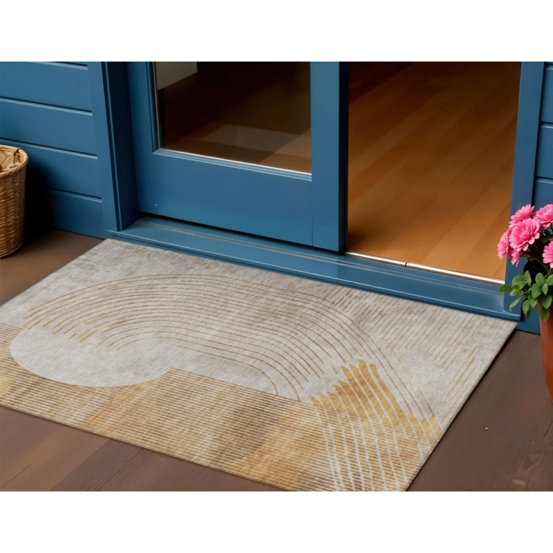 3' X 5' Gold And Ivory Geometric Washable Indoor Outdoor Area Rug
