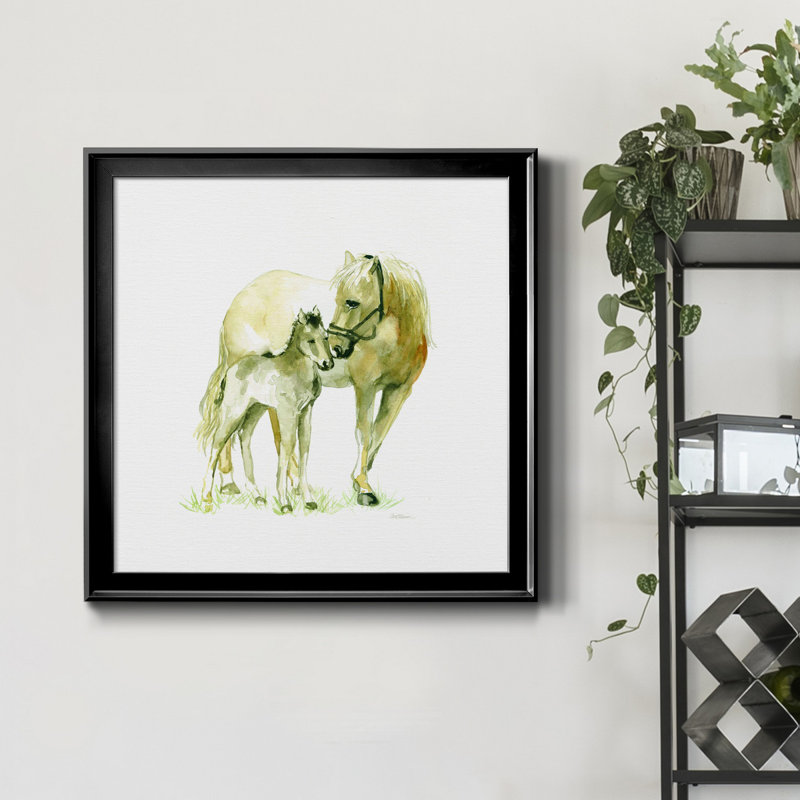 Cheval et poulain - peinture sur toile encadrée, H 17,5 po x l 17,5 po x P 1,5 po, Cadre noir