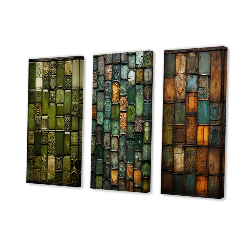 Green Stones Tiles I - Ensemble de 3 tuiles murales abstraites, H 28 po x l 36 po, Toile tendue