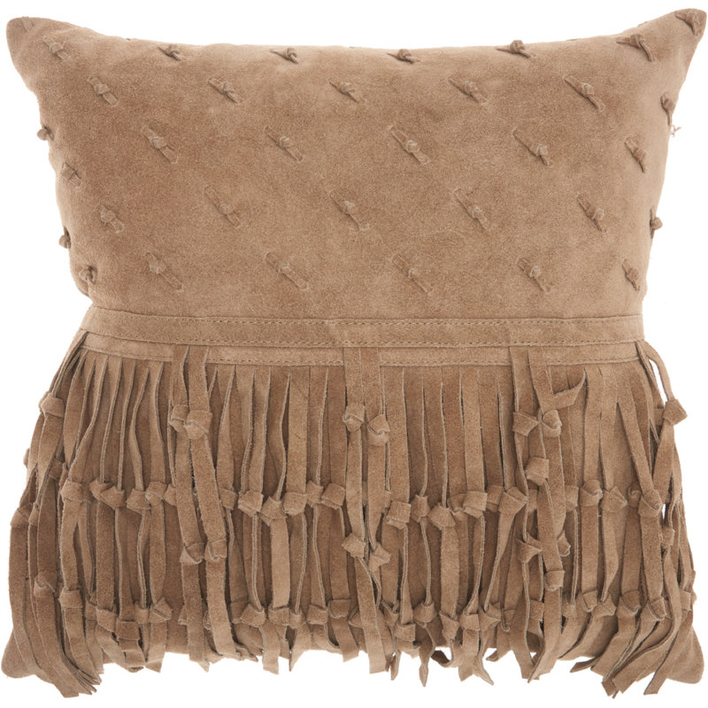 Beige 18" Square Genuine Leather Fringe Throw Pillow