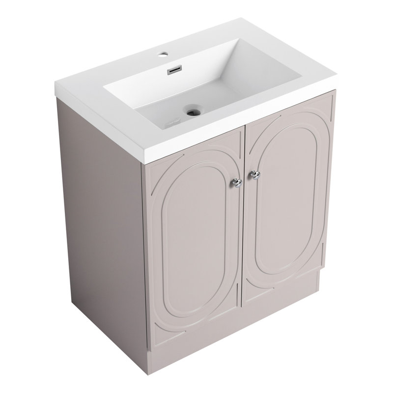 Bathroom Vanity 30" With Resin Washbasin. Modern Look. Soft-Close Cabinet. Adjustable Shelf. Metal Handles. Plywood. Khaki Beaming Unit. Sink & Doors. Extra Space. Spark