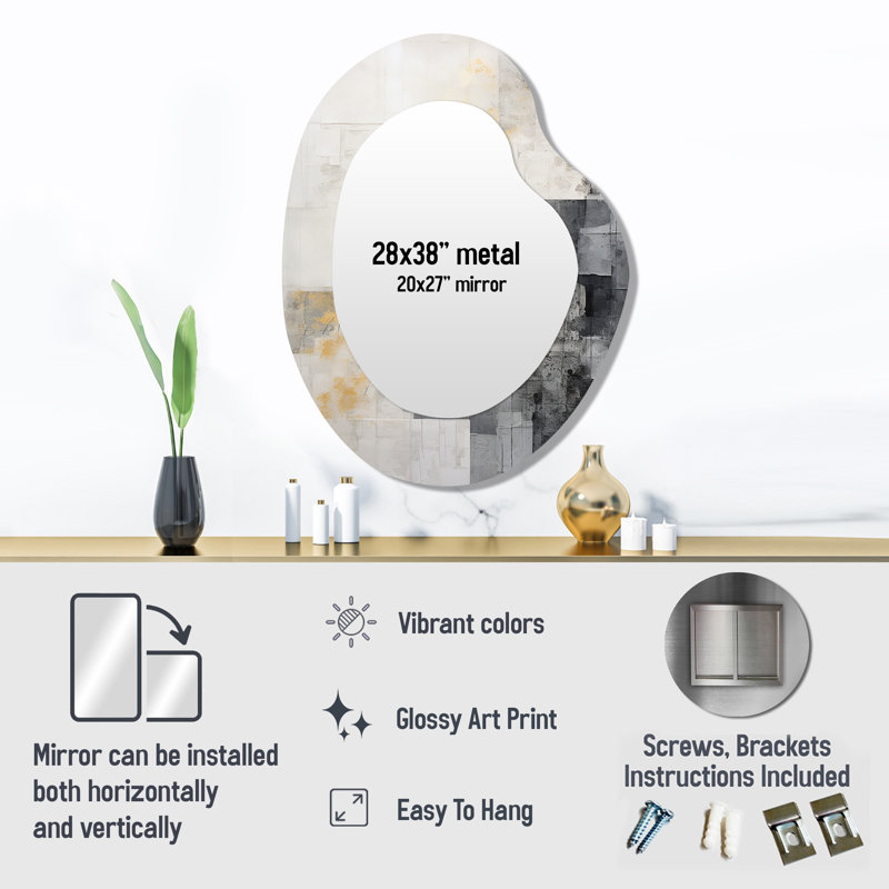 Geometric White And Grey Abstract Tile I - Abstract Tile Modern Wall Mirror In Asymmetrical Shapes
