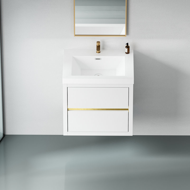 Meuble-lavabo pour salle de bain 24 po, blanc brillant. Pré-assemblé pour une installation sans effort. Rangement en U généreux. Tiroirs à fermeture en douceur. Utilisation silencieuse. Comptoir en résine de pierre. Armoire en bois résistante. Invisible