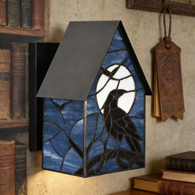 Tiffany-Style Stained Glass Outdoor Wall Sconce With Raven And Moon Design, Gothic Birdhouse Lantern For Porch, Entryway, And Patio