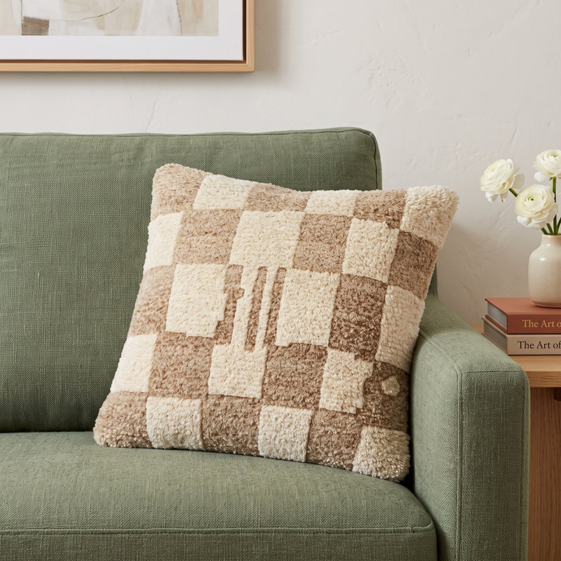 Raven Checkered Wool Blend Throw Pillow, 20" x 20", Ivory, Down
