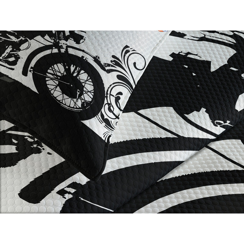 King White Quilted Bedspread Set with Motorcycle Print