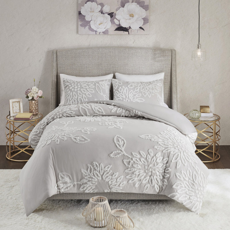 Ensemble d'édredon 3 pièces en chenille de coton gris chaud / blanc, Full/Queen Comforter + 2 Shams, Warm Gray