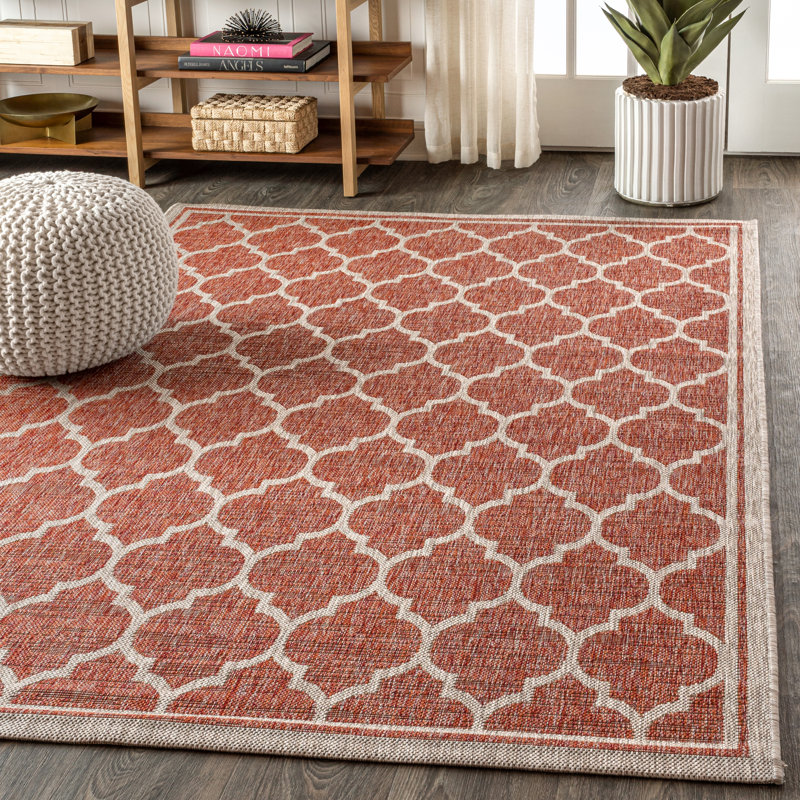 Hague Moroccan Trellis Textured Weave Red/Beige Indoor/Outdoor Rug, Rectangle 3'11" x 6'