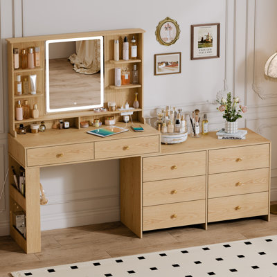 Makeup Vanity Desk With Large Mirror And Lights&charging Station,modern Corner Makeup Vanity Table With 8 Storage Drawers And 8 Shelves,makeup Table F