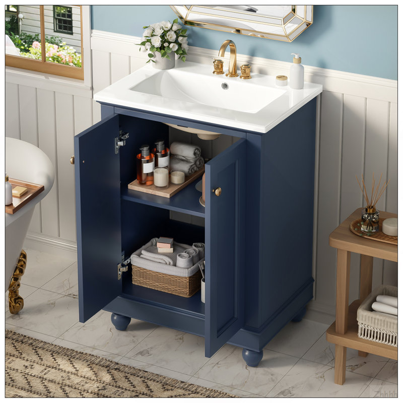 Meuble-lavabo moderne de 24 po de conception simple et élégante avec rangement à fermeture en douceur, tablette réglable, meuble-lavabo avec lavabo en céramique