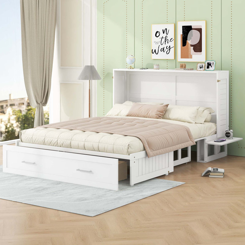 Grand lit escamotable mobile avec tiroir et petites tablettes de chaque côté