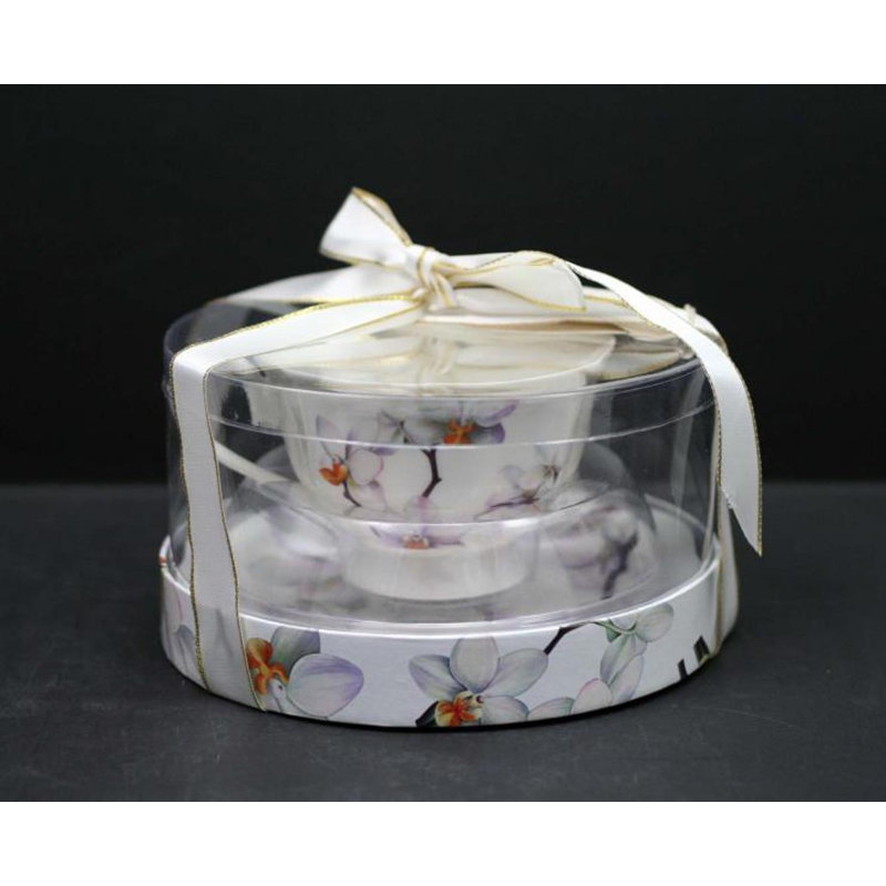 Tasse à thé et soucoupe vaudoise 220Cc (orchidée) porcelaine neuve, avec boîte-cadeau en PVC