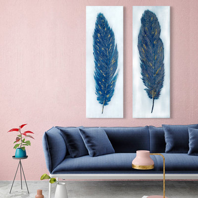 Blue Feathers - 2 Piece Wrapped Canvas Painting