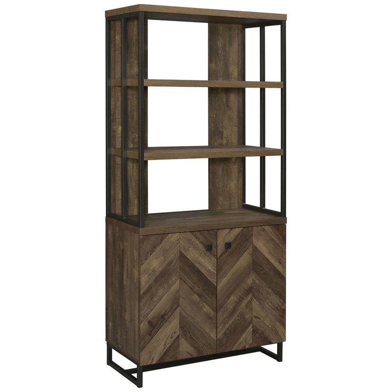 Oak Herringbone Rustic Bookcase With 3 Open Display Shelves And 2 Adjustable In Cabinet Bookcase, 2-Door For Den