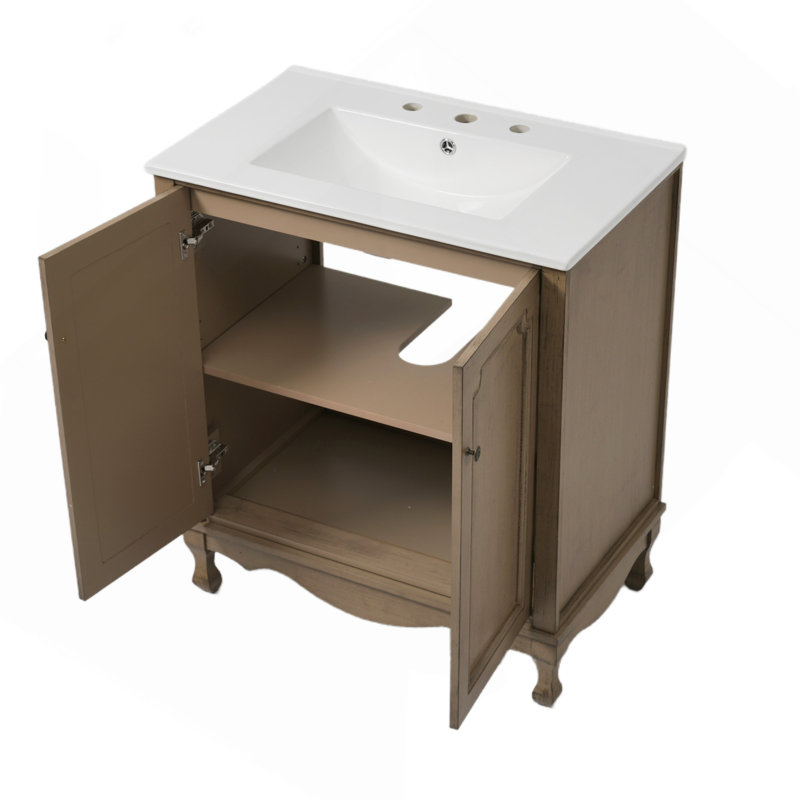 Ensemble de meuble-lavabo double 60 po, armoire de salle de bain vintage avec deux lavabos en céramique séparés et brun antique