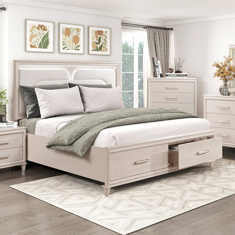 Lit plateforme moderne de luxe avec rangement pour pied de lit et tête de lit en bois clair, Grand lit