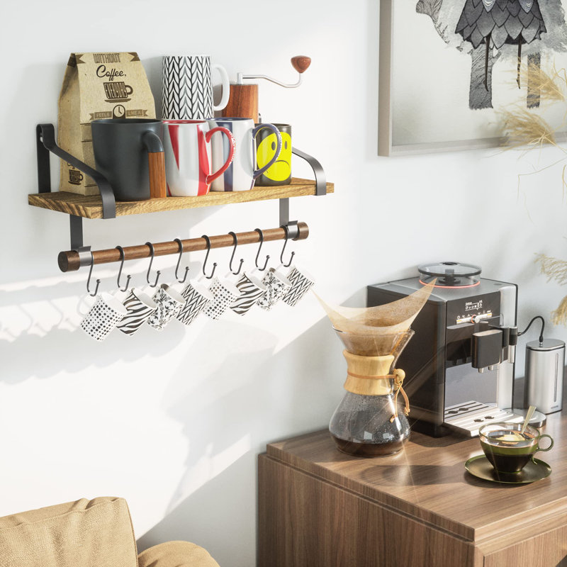 Floating Shelf Wall Shelf For Storage Rustic Wood Kitchen Spice Rack With Towel Bar And 8 Removable Hooks For Organize Cooking Utensils Or Mugs Carbonized Black