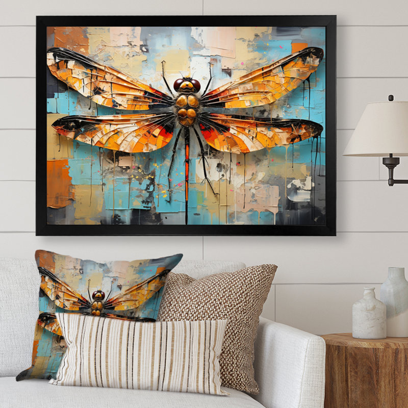 «Orange Dragonfly Insectes Flight Collage I», reproduction sur toile, H 34 po x l 44 po x P 1,5 po, Cadre photo noir