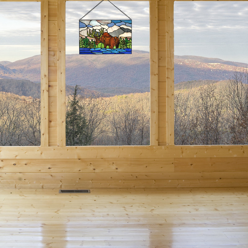 12"H Moose in Mountainscape Stained Glass Window Panel
