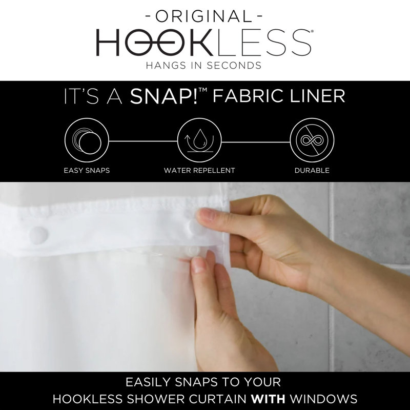 Hookless Waffle Shower Curtain, 3-in-1 Shower Curtain with Sheer Top Window and Flex-on Rings, It's a Snap! Fabric Liner with Magnets, 71 In Wide x 74 In Long